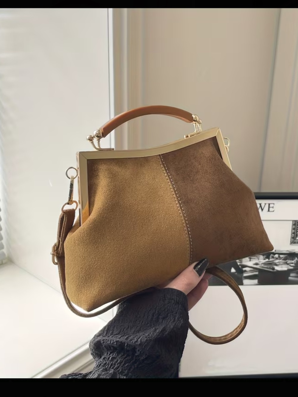 Tan/Brown Suede Top-Handle Bag